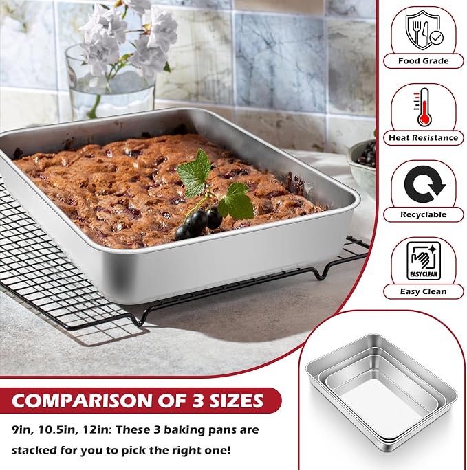 Leonyo 10.5"x8"x2" Rectangular Cake Pan for Baking, Stainless Steel Sheet | For Toaster Oven, Focaccia, Fish, Chicken, Casserole Dish, Oven Safe