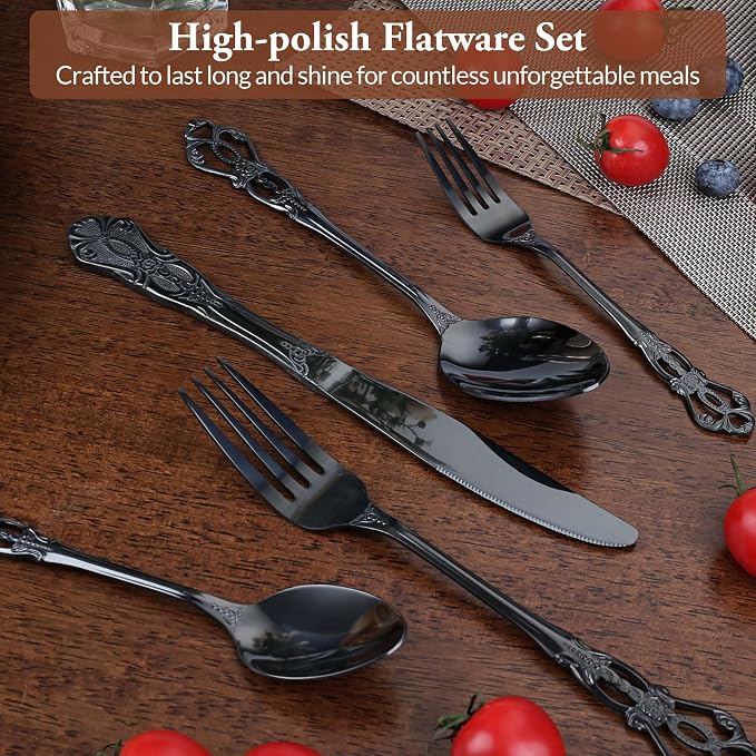 Black Silverware Set, 30 Pieces Retro Royal Silverware Set for 6, Gothic Decor Stainless Steel Flatware Set Including Fork Spoon and Knife, Dishwasher Safe, Black