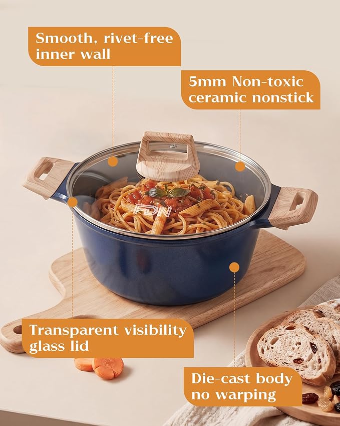 FDN Titanium Ceramic Cooking Pot with Lid, Pfos & Pfoa Free Nonstick Stock Pot, Large Soup Pot, Big Pots for Cooking, Multipurpose Cookware, Ollas Antiadherentes Para Cocinar, Cacerolas, Blue