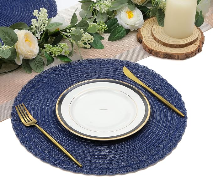 SHACOS Round Placemats Set of 6 Braided Border Fabric Woven Table Mats Washable 15 inch Circle Place Mats for Dining Table, Navy Blue