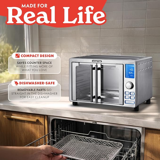 Gourmia Air Fryer French Door Toaster Oven - 6-Slice Capacity, LED Display with 14 Cooking Presets, Stainless Steel