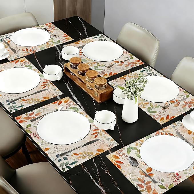 Fall Leaves Fabric Placemats,Autumn Watercolor Leaf Table Placemats Set of 6 Cloth Place Mats, Washable Heat-Resistant Table Mats for Home Kitchen Dining Room Decoration 11.8x17.7 Inch
