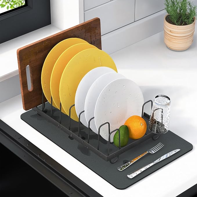 Small Stainless Steel Dish Drying Rack & Dish Mat Set, Gray | Rust-proof stainless steel dish rack with quick-drying, easy-to-clean mat. Fits kitchen counter, apartment or RV.