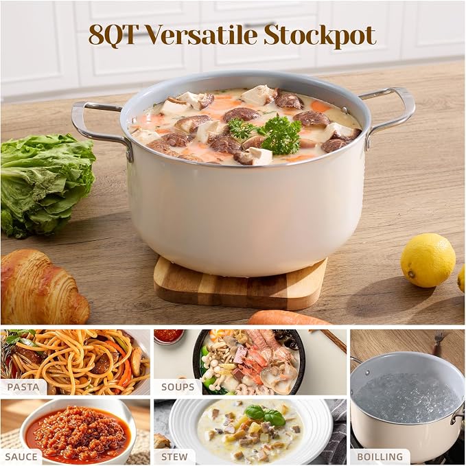 Ceramic Nonstick Stock Pot with Lid 8 QT Large Induction Cooking Pot with Stainless Steel Handles, Non Toxic Soup Pot for Stews, Oven & Dishwasher Safe, Cream White
