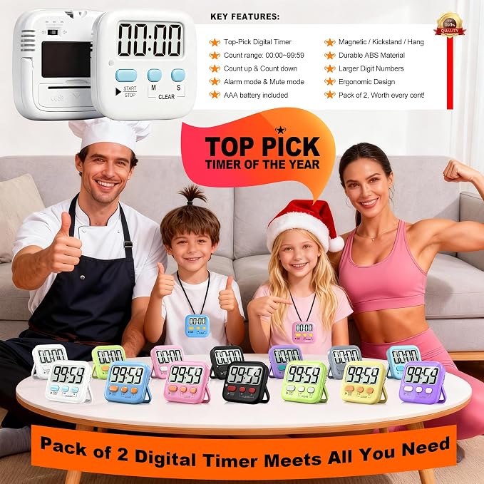 2 Pack Digital Timer for Kids Classroom Kitchen Timers for Cooking | w/ Battery, Easy to View, Alarm, Mute Mode, Count Down/Up, Magnetic, Kickstand, Hanging, Classroom Timer for Teacher Supplies