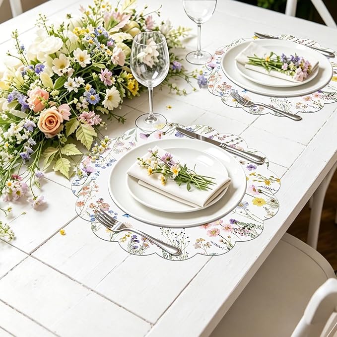 G.R.I - 50 Pcs Summer Flower Paper Place Mats, Watercolor Wildflower Butterfly Disposable Scalloped Place Mats, Spring Floral Round Placemats for Bridal Shower Birthday Wedding Baby Shower Party