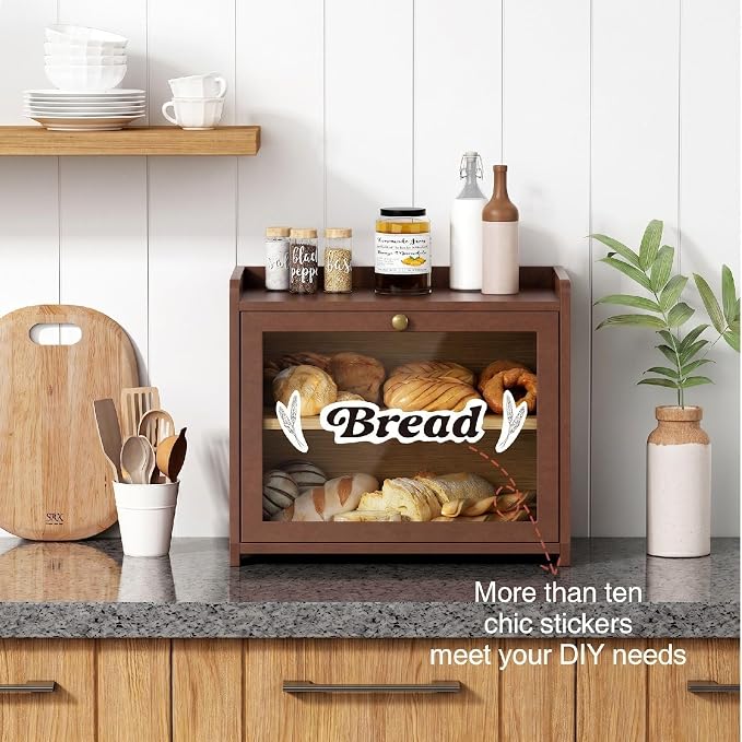 Goozii 2 Tier Bread Box for Kitchen Countertop, Double Layer Breadbox | Dark Brown Bamboo Wood | Storage Cabinet for Homemade Bread | Wooden Walnut