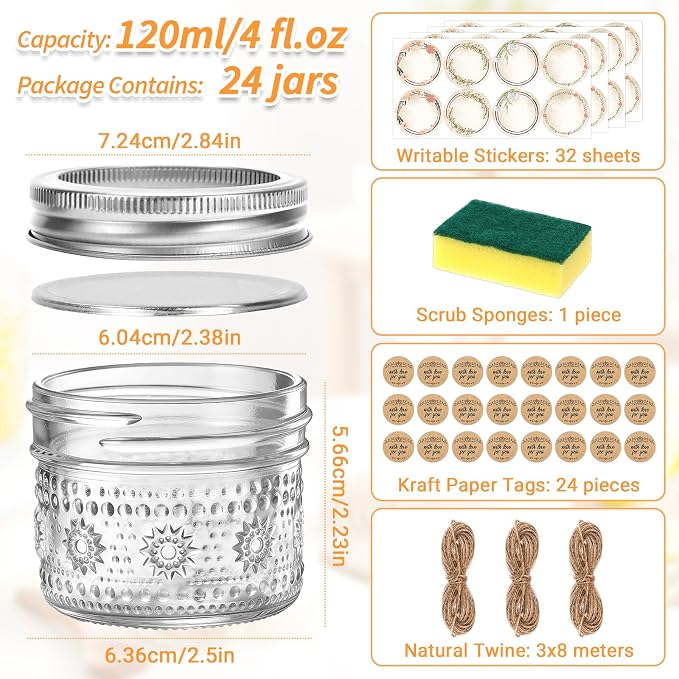 4 oz Small Embossed Mason Jars 24-Pack with Airtight Lids, Leakproof | Mini Canning Jars, Reusable, for Jam/Jelly/Honey, Spices, DIY Candles, Wedding Favors & Gift Packaging