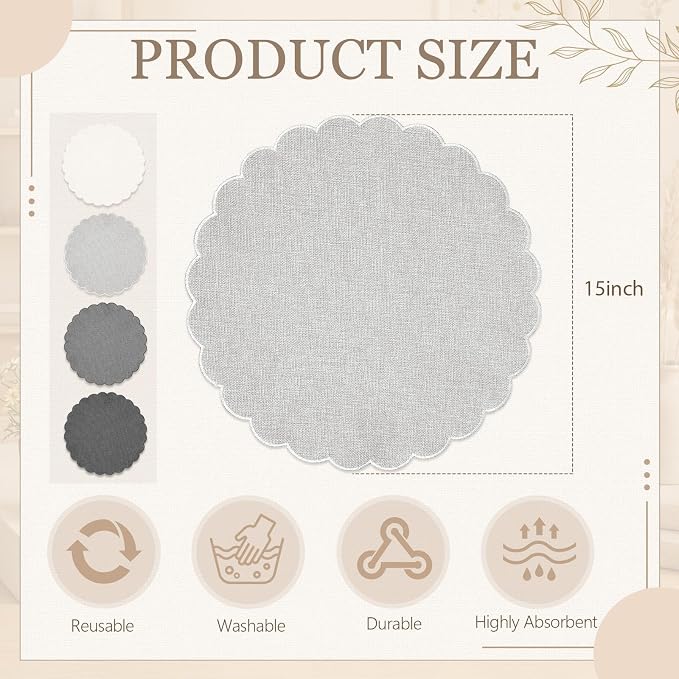 Set of 12 Gray Cotton Placemats 15" Round Scalloped | Double Layered Cotton Fabric, Washable Embroidery, Classic Edge, Rustic Table Mats for Wedding Dining Table Decor