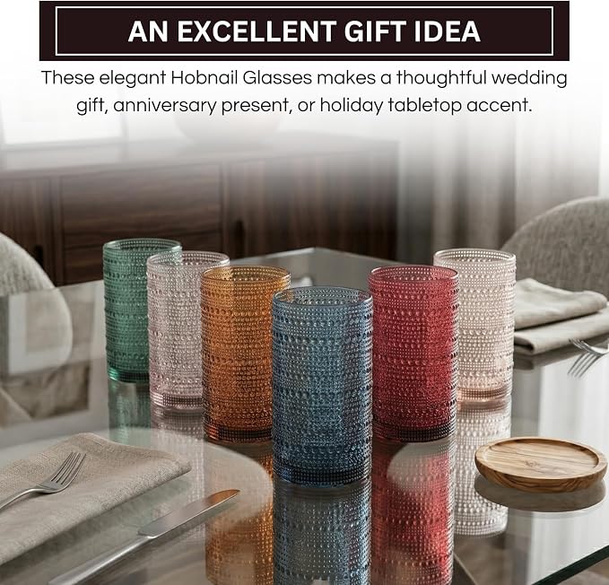 Khen Plastic Hobnail Drinking Highball Glasses Set of 6 Neutral Tones Cups 14oz, Shatterproof & Unbreakable Acrylic Beaded Design, BPA-Free, Dishwasher Safe Indoor/Outdoor Drinkware Water, Cocktails