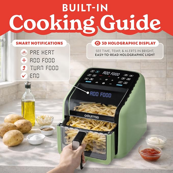 Gourmia Air Fryer 7 QT - Easy View Panorama Window & Interior Light, Guided Cooking with 12 One-Touch Presets, FryForce 360, Dishwasher Safe Accessories, Green