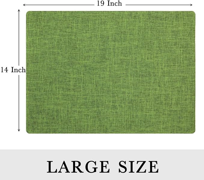 Faux Cotton Linen Placemats Set of 6, Cloth Washable Farmhouse Dining Table Mats for Indoors & Outdoors, Easy to Clean, Grass Green, 13 x 19 Inch