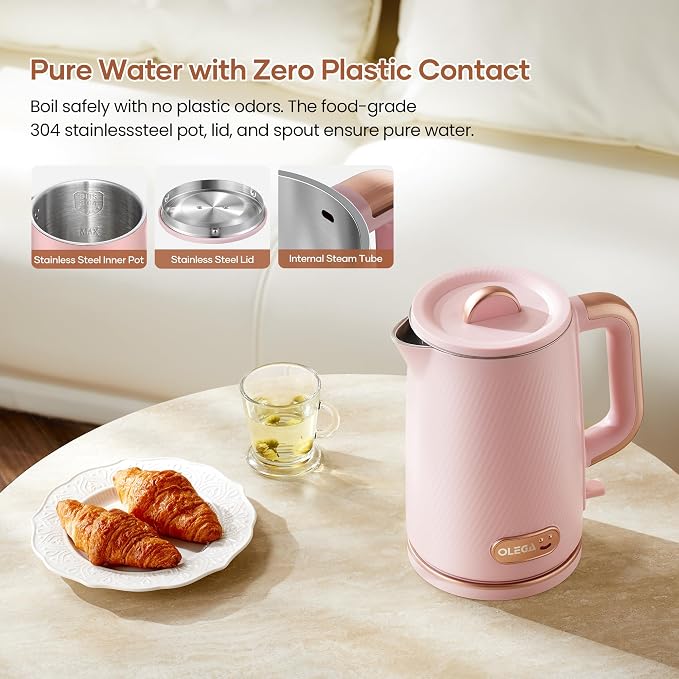 OLEGA Electric Tea Kettle: 1200W Fast Boil Electric Water Kettles 1.5L | Stainless Steel Kettle; Large Electric Water Kettle; Plastic Free Teapot; Auto Shut-Off Water Boiler; Fast Boil Kettles