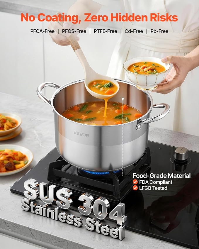 VEVOR Stainless Steel Stock Pot, 8QT Stainless Steel Stockpot with Glass Lid, PFOA-Free, PFAS-Free, Compatible with Gas Stoves, Induction Cooktops, Electric Stoves, for Soups, Stews, and Pasta