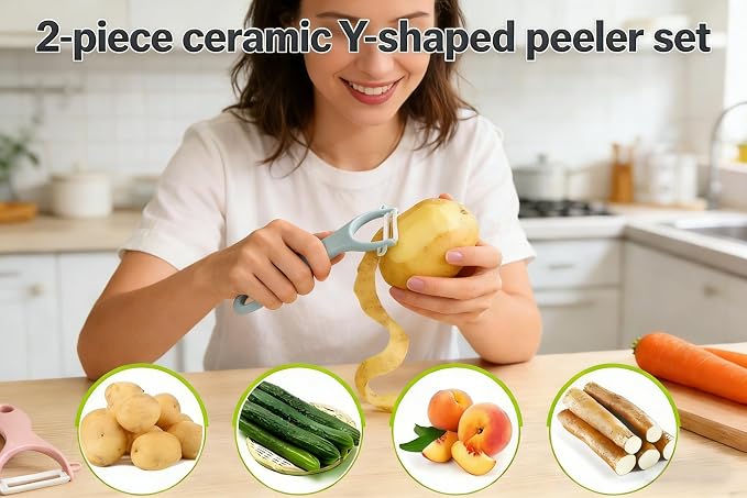 2-Pack Ceramic Y-Peeler Set - Sharp Rust-Proof Vegetable & Fruit Peelers, Blue