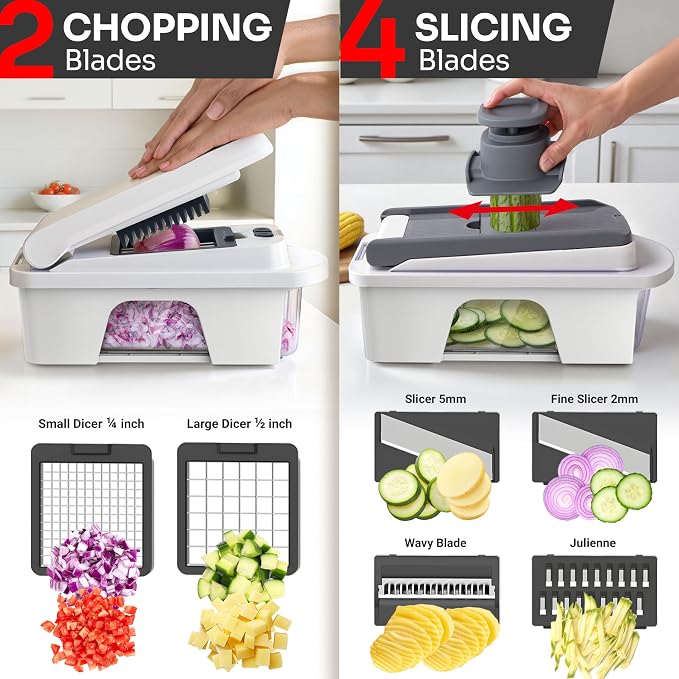 Mueller Pro-Series All-in-One, 12 Blade Mandoline Slicer for Kitchen | Spiralizer, Food Chopper, Vegetable Slicer, Cutter, Dicer, Grater, Kitchen Gadgets with Container, White Sand/Gray