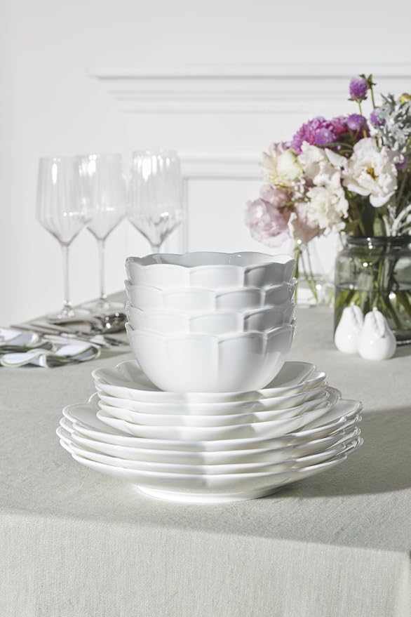 Lenox Studio 1414 Scallop Bone China 12-Piece Dinnerware Set for 4 | dishwasher safe | plates and bowls sets for kitchen and dining | 10.71 inch plate, dish set, dishes, chip resistant