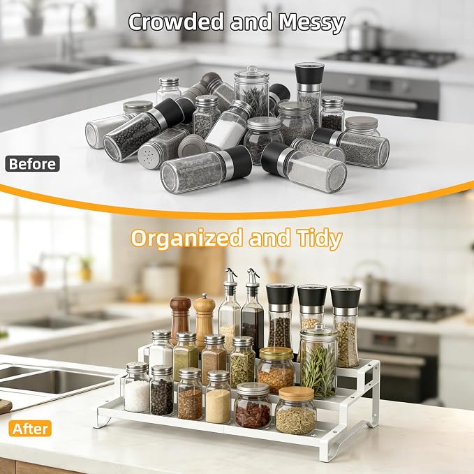 2 Pack Spice Rack Organizer for Cabinet, 13-21.5" Expandable Spicy Shelf | 9.45" Depth 3-Tier White Metal Seasoning Organizer, Kitchen Spice Organization, Slip-Resistant Guardrails for Jars and Cans