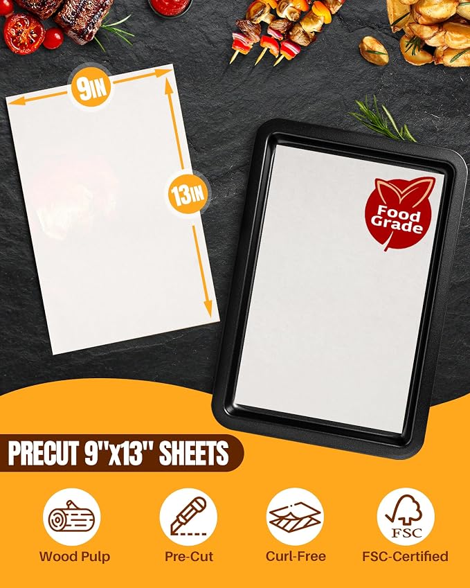 Parchment Paper Sheets, 140 Precut Unbleached Baking Paper Sheets for Oven, Air Fryer, Grilling, Steaming – Non-Stick, Greaseproof Quarter Sheet Liners for Cookies【Food-Safe White, 9" x 13"】