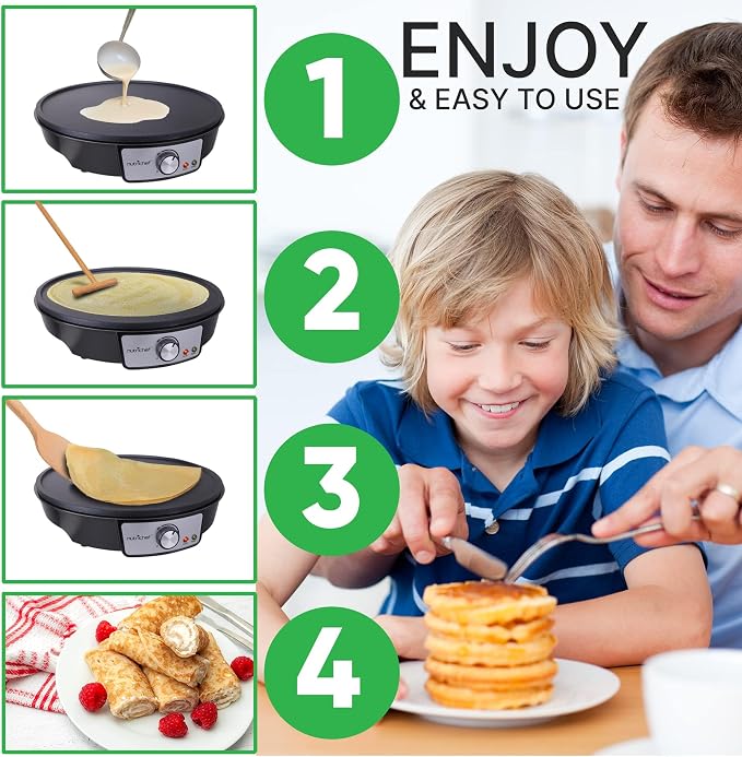 Nutrichef Electric Crepe Maker Pan & Griddle | 12 Inch Nonstick Cooktop | LED Indicators & Adjustable Temperature Control | Includes Spatula, Batter Spreader | Cooks Crepes, Roti & Pancakes