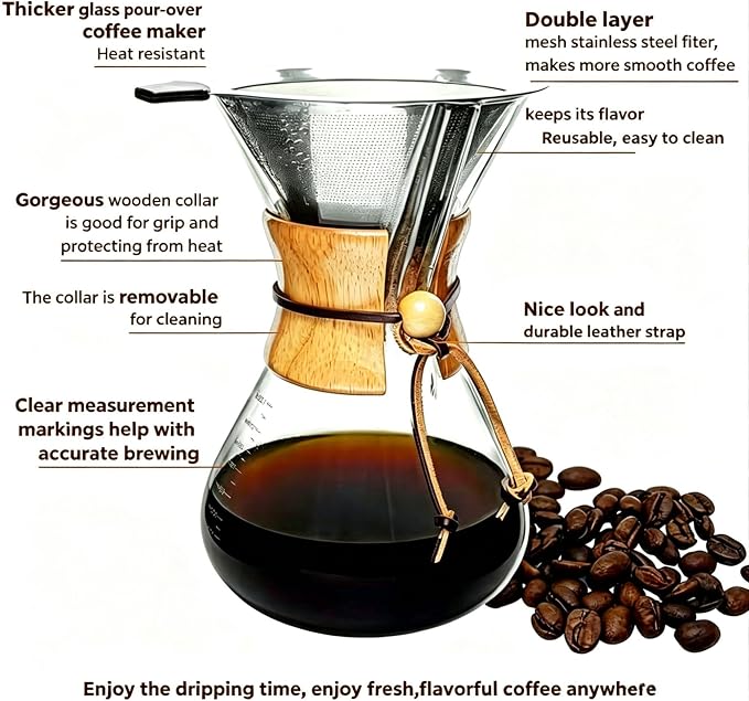 subjectthree Camping Pour Over Coffee Maker Kit 8 Cup (28 Ounce) | Drip coffee carafe with 304 Stainless Filter, Borosilicate glass, Easy clean & use for home kitchen, office, cafe, camping