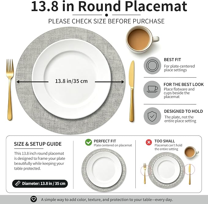 Maxpearl Faux Leather Round Placemats Set of 6, 13.8 inch, Grey | Waterproof, Heat Resistant, Non Slip, Wipe Clean Dining Table Place Mats, Suitable for Indoor & Outdoor Use, Table Settings