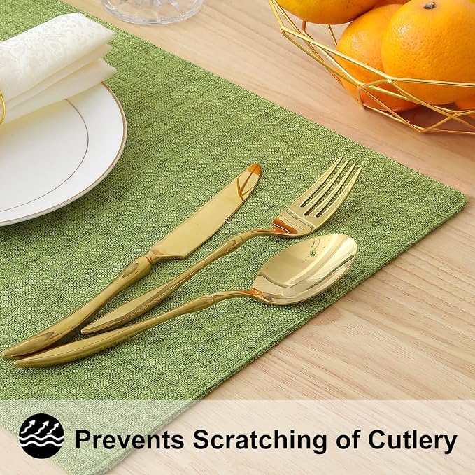 Faux Cotton Linen Placemats Set of 6, Cloth Washable Farmhouse Dining Table Mats for Indoors & Outdoors, Easy to Clean, Grass Green, 13 x 19 Inch