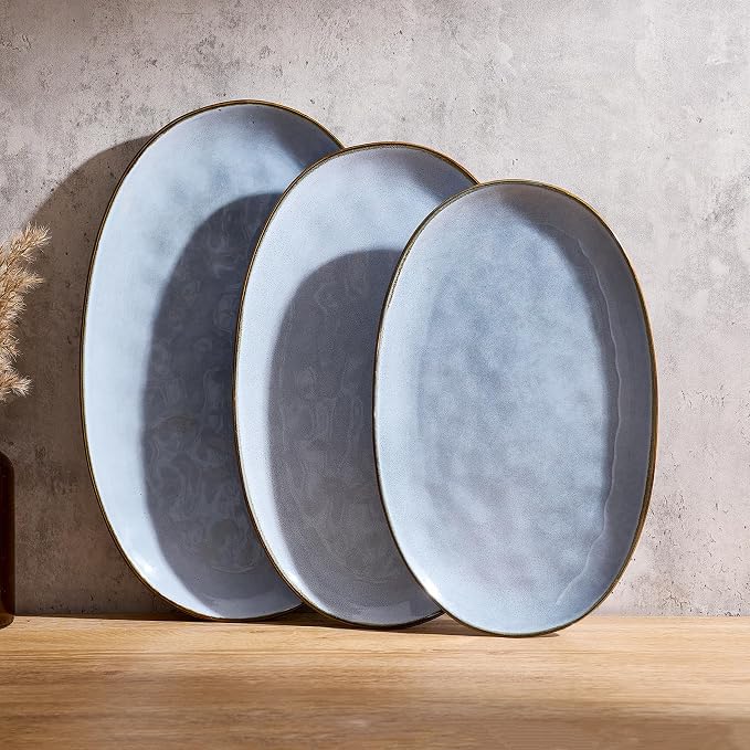 famiware Serving Platters Set of 3 Sizes - Oval, Blue | 15.59"/14.3"/12.9" Fine Stoneware Serving Trays for Party, Entertaining for Food, Turkey, Cheese, Microwave Dishwasher Safe