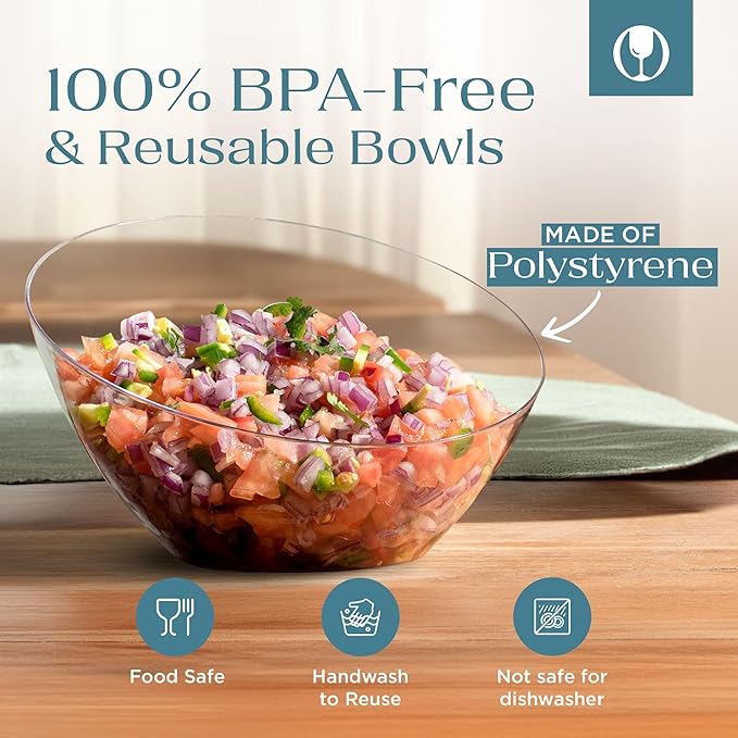 5 Pack Clear Angled Plastic Serving Bowl Disposable for Party Table 20oz | Angled Bowl Design. Chip, Candy, Salad & Fruit Use. Disposable Party Tableware. Buffet & Wedding Serving. Clear Plastic.