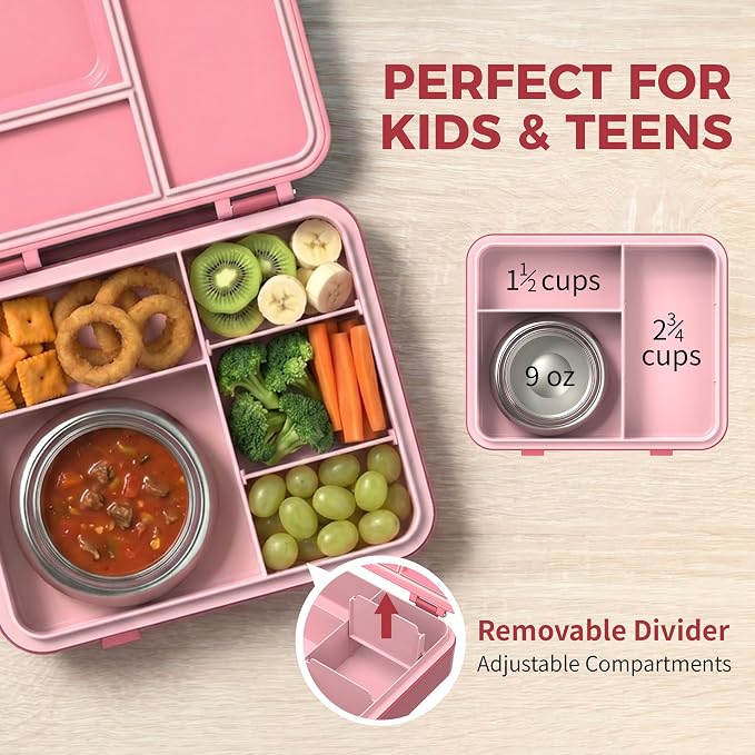 HOMEKOL Bento Lunch Box for Kids with 9oz Insulated Food Jar, Pink | 5-Compartment Leak-Proof Lunch Container for Girls Boys, BPA/BPS-Free, Dishwasher Safe