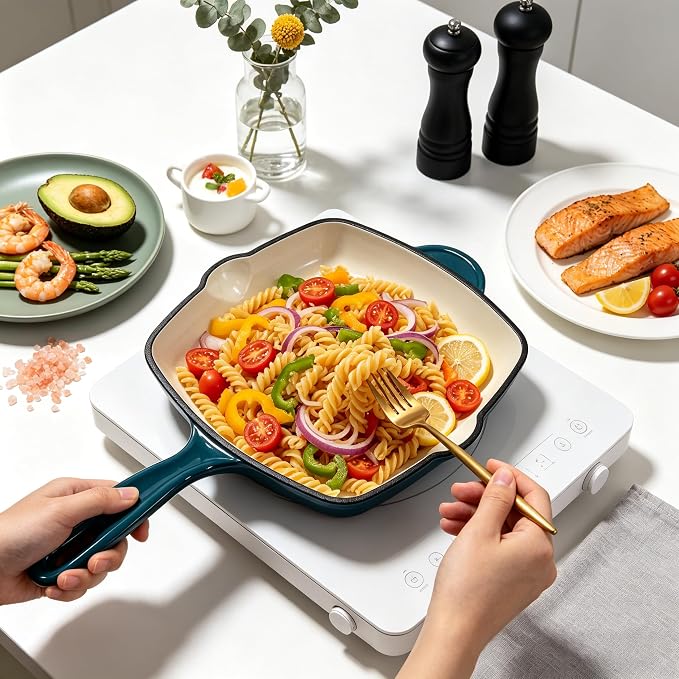 Enameled Cast Iron Steak Grill Pan, Nonstick Square Grilling Pan, Frying Pan (Peacock Blue, 9.5 inch)