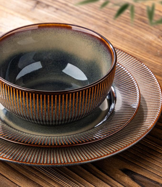 Ceramic Dinnerware Set for 4, 12-Piece Plates and Bowls Set | Lightweight Porcelain Dish Set, Scratch Resistant, Oven & Microwave & Dishwasher Safe, Cocoa Mocha