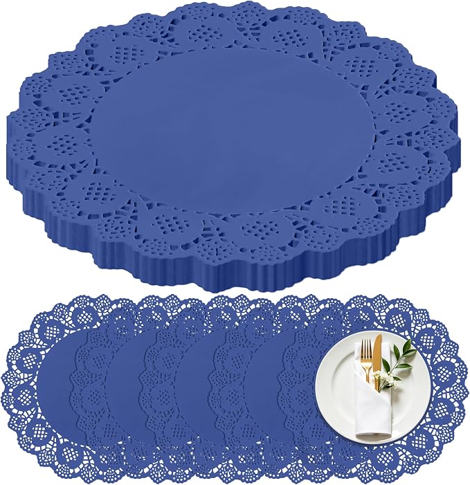 300 Pack 13.5 Inch Round Blue Paper Doilies, Disposable Lace Placemat | Rustic Scallop Doily Table Pads, Heavy-Duty Paper Place Mats for Cakes, Crafts, Parties, Weddings, Buffet, Home Decor