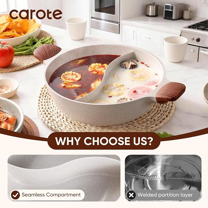 CAROTE 4.5QT Stockpot with Divider Double Flavor | Kitchen Braiser Pan with Glass Lid, Dual Sided Nonstick, Cookware for Induction Cooktop Gas Stove