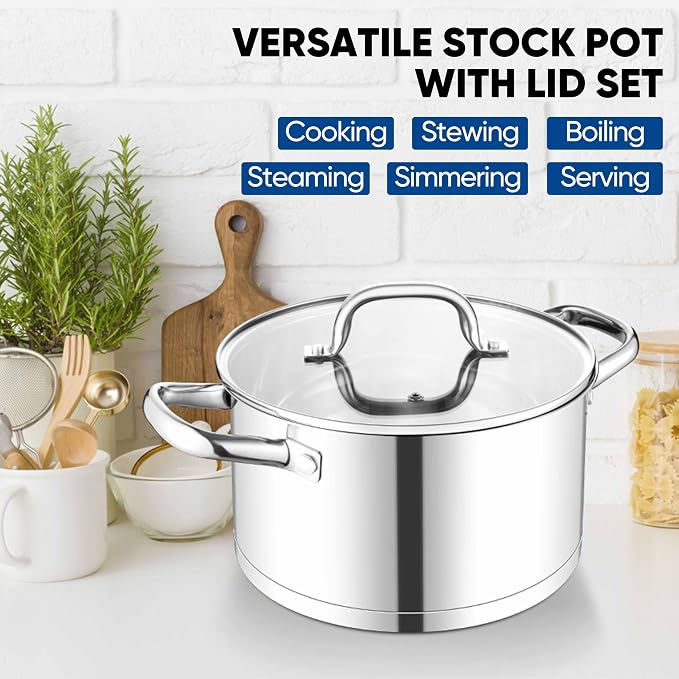 TeamFar 5 QT Stock Pot, Tri-ply Bottom Stainless Steel Stockpot | Cooking Soup Pasta Pot with Lid for Gas/Induction/Electric Stoves, Non-toxic & Heavy Duty, Double Handles & Dishwasher Safe