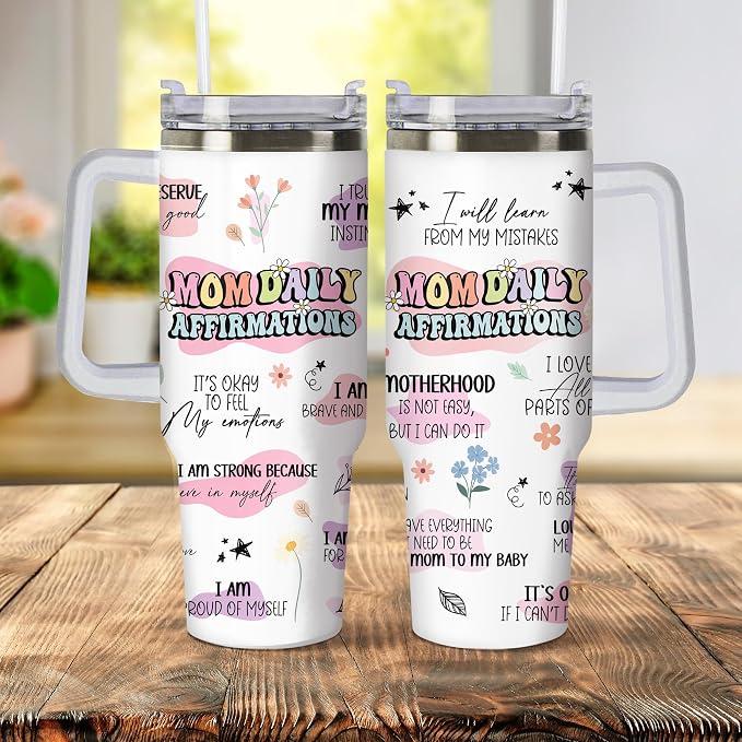 Gossby Mom Daily Affirmations Tumbler, 30oz Stainless Steel with Handle | Mom Birthday Gifts, Gifts for Mom Positive, Daily Affirmations Cup, Tumbler Insulated with Straw and Lid, Gift for Mama