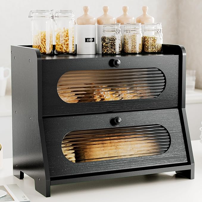 Bread Box,Extra Large 2-Tier Bamboo Bread Box for Kitchen Countertop,Bread Storage Container with Magnetic Acrylic Door for Homemade Bread,Under Cabinet,Pantry Organizer(Black)