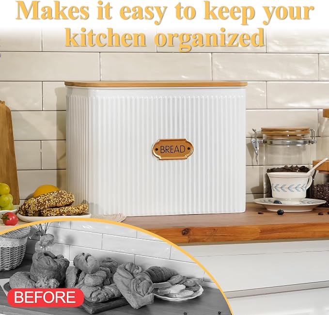 Extra Large Vertical Stripe Embossed Bread Box with Bamboo Lid | Corner Breadbox for Homemade Bread, White Metal Bread Storage Container Bin for Kitchen Countertop, Fits 2 Loaves of Bread