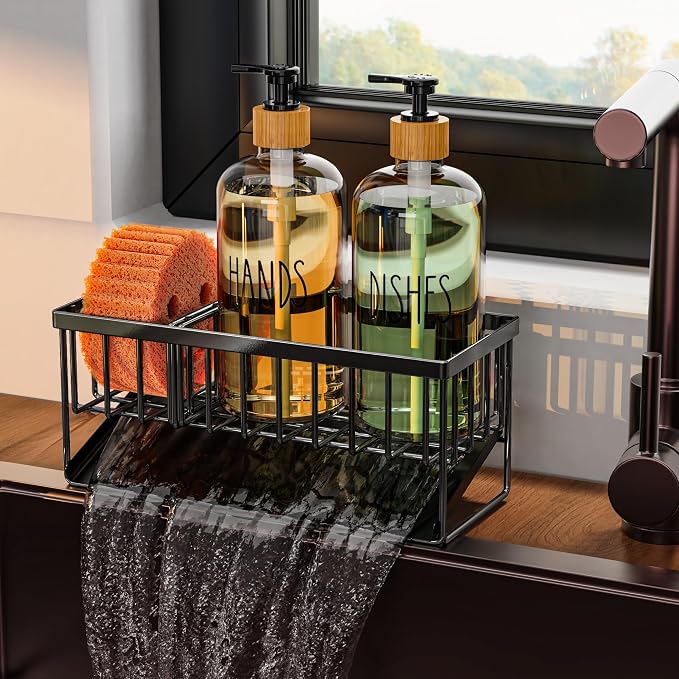 Cisily Kitchen Dish Soap Dispenser Set with 2 Pack 16.9oz Amber Glass Bottle and Sponge Holder, Dish Soap Dispensers with Adjustable Sponge Holder, Vintage Hand and Dish Soap Dispensers Set