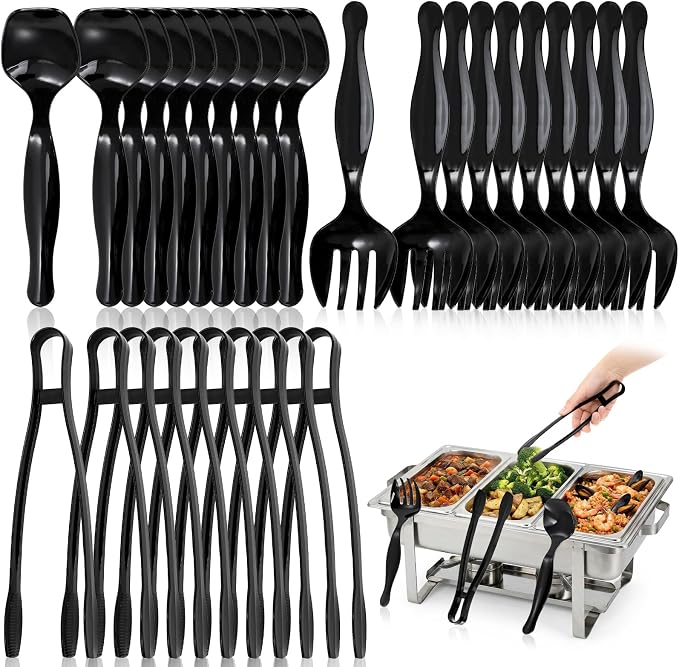 30 Pcs Plastic Serving Utensils, Disposable Black Serving Spoons Forks Tongs, 9'' Heavy Duty Party Utensil for Catering Buffets Dinner Weddings Salad Noodles Soup Daily Use
