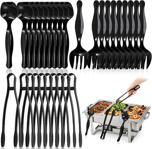 30 Pcs Plastic Serving Utensils, Disposable Black Serving Spoons Forks Tongs, 9'' Heavy Duty Party Utensil for Catering Buffets Dinner Weddings Salad Noodles Soup Daily Use