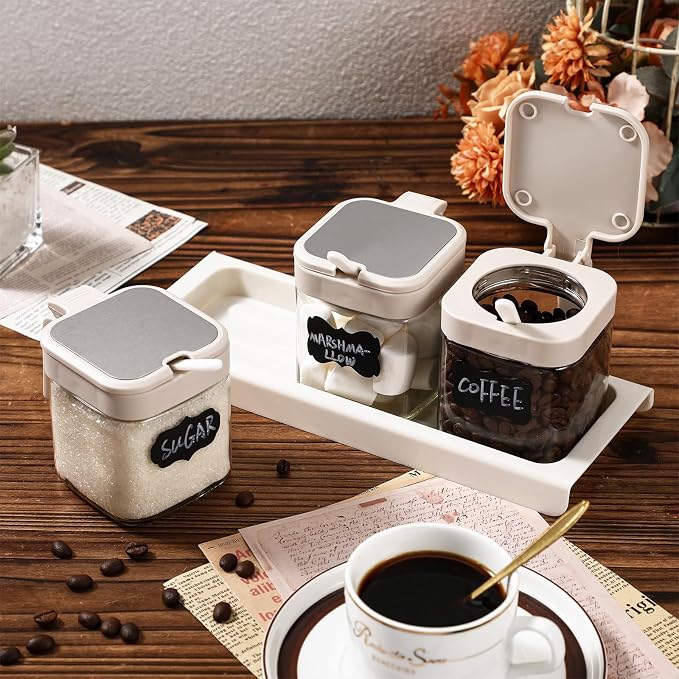 3 Pcs Glass Coffee Containers Coffee Station Organizer Set, Airtight Bean Storage Jars with Shelf,labels,spoon, Base and Pen,for Sugar, Candy, Oats, Nuts(White)