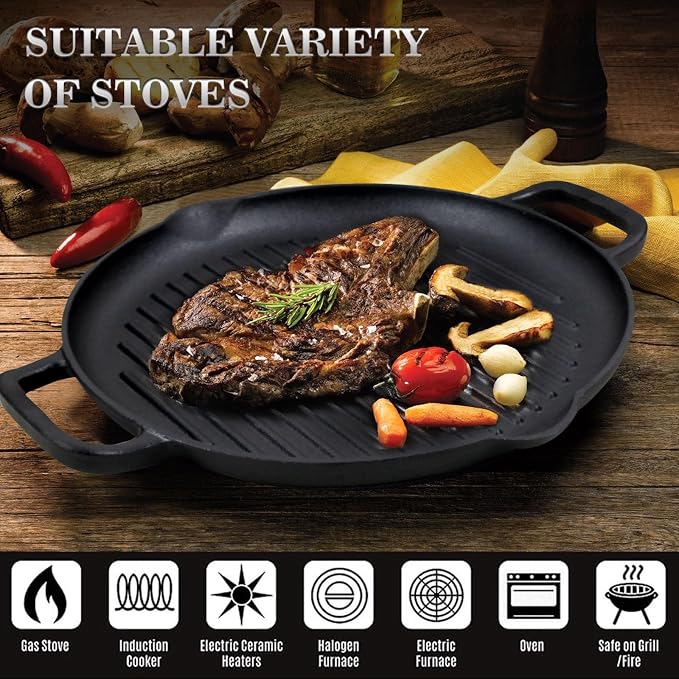 Cast Iron Grill Pan, 12.6 inch Griddle Pan with Dual Handles, Pre-Seasoned Heavy-Duty Cast Iron Skillet for Stovetop, Oven, Indoor & Outdoor BBQ Use