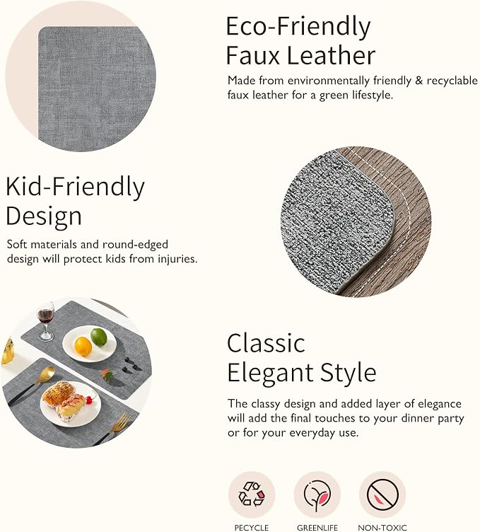 Maxpearl Faux Leather Placemats Set of 6, Easy to Clean, Grey | Waterproof - Heat Resistant - Non Slip - Wipe Clean Dining Table Place Mats, Suitable for Indoor & Outdoor Use, 17''×12''