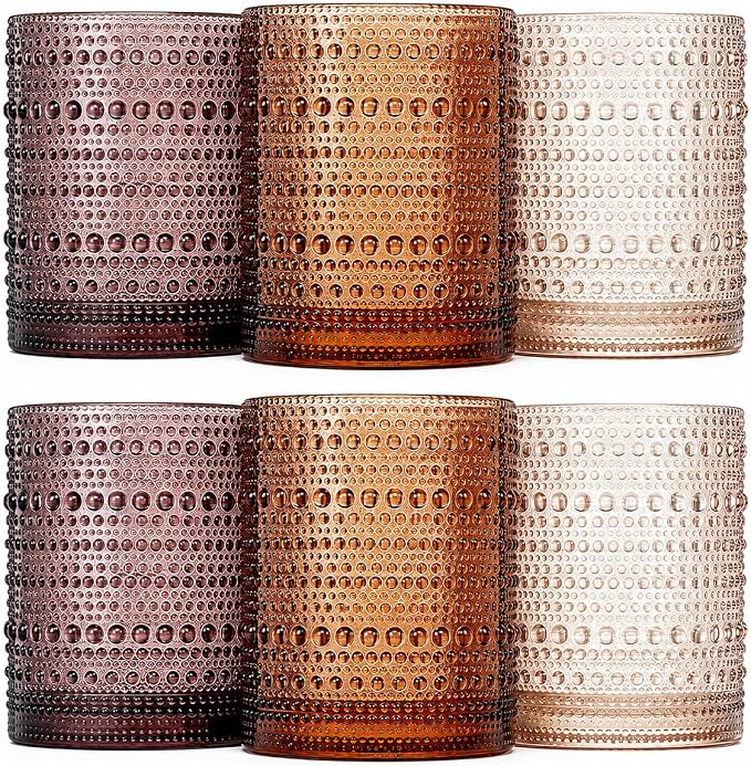 Venus Amber Brown Hobnail Highball Glasses Vintage Tumblers Set of 6 11 oz | Vintage Beaded Design, Embossed Bubble Texture, Elegant Color, Timeless Drinkware for Home Bars, Parties, and Housewarmings