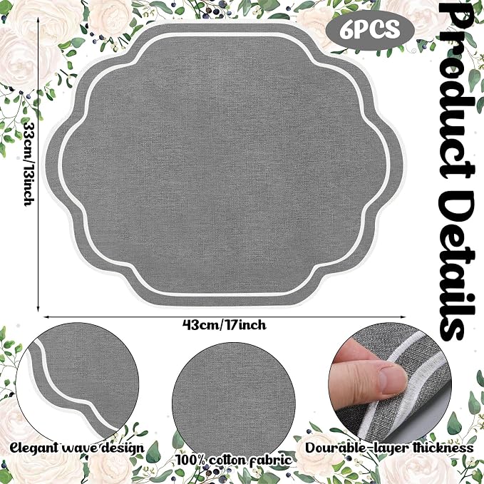 6 Pcs Gray Wedding Placemats Scalloped Embroidered Cotton Linen Placemats 17" x 13" Double Layered Machine Washable Table Place Mat for Party Table Decor (Cotton)