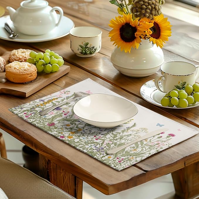 Rustic Wildflower Floral Placemats Set of 4 Spring Summer Vintage Flowers Plants Herbs Linen Table Mats 12x18 Inch Seasonal Flower Decorative Place mats for Farmhouse Kitchen Dining Decoration