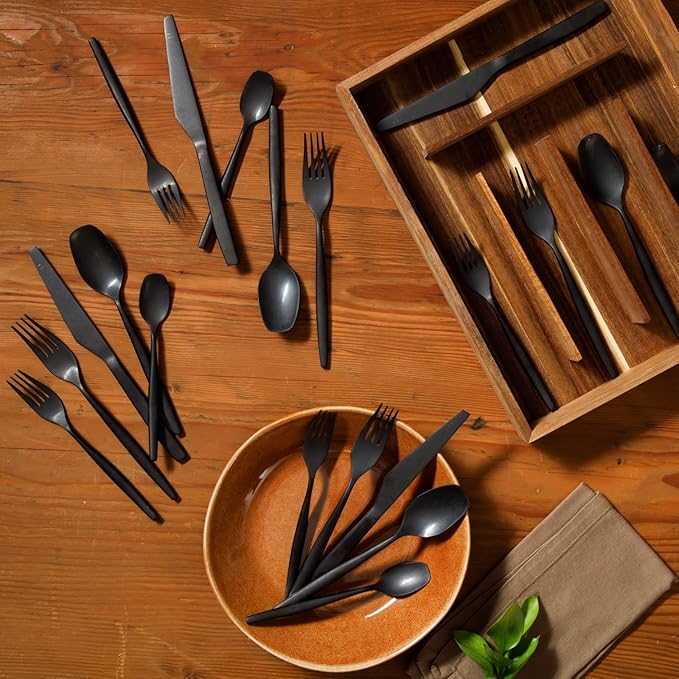Two Time Oprah's Favorite Things Winner - 20 Piece Stone Washed Black Flatware 18/10 Stainless Steel Silverware Cutlery Utensil Set With Acacia Wood Caddy - Service for 4