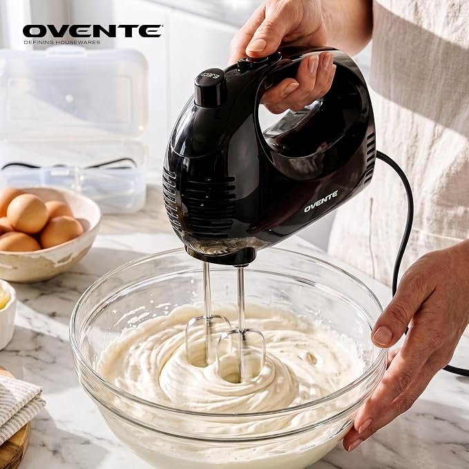 OVENTE 5-Speed Electric Hand Mixer with Storage Case,150W, Black HM151B | Stainless Steel Whisks, Compact Portable Design, Lightweight Handheld Mixer for Baking & Cooking