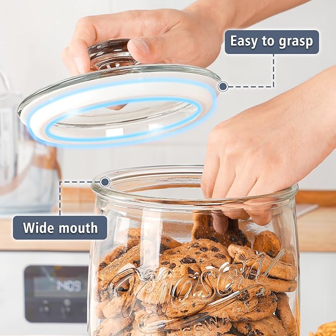 Folinstall 1 Gallon Glass Cookie Jar with Airtight Lid, Wide Mouth Canister | Silicone Seal Keeps Food Fresh, Large Capacity Holds 5 Lb Flour, Wide Mouth for Easy Access to Sourdough Starter, Dog Treat